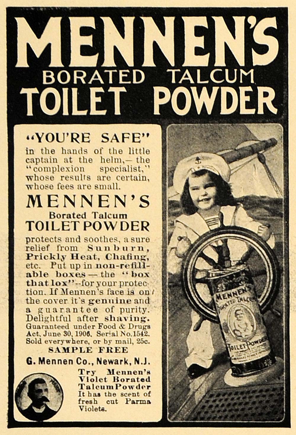 1907 Ad Mennens Talcum Toilet Powder Child Boat Sailor - ORIGINAL CL8