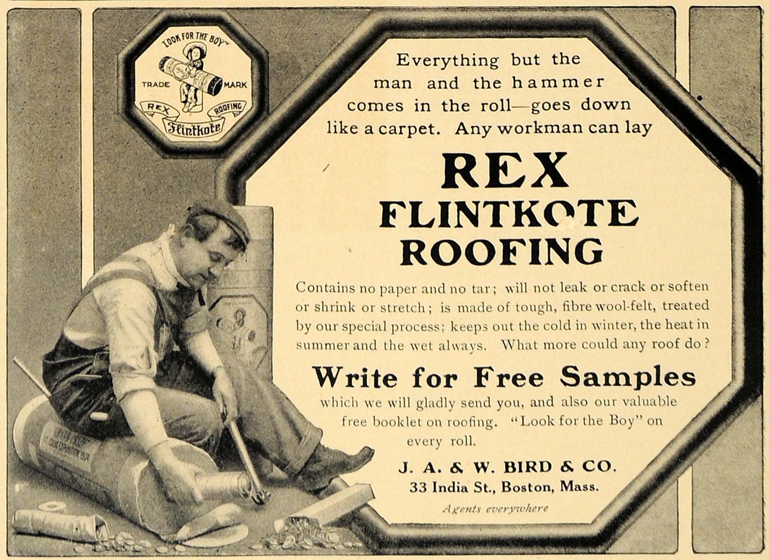 1907 Ad Workman Rex Flintkote Roofing J A & W Bird Co. - ORIGINAL CL8