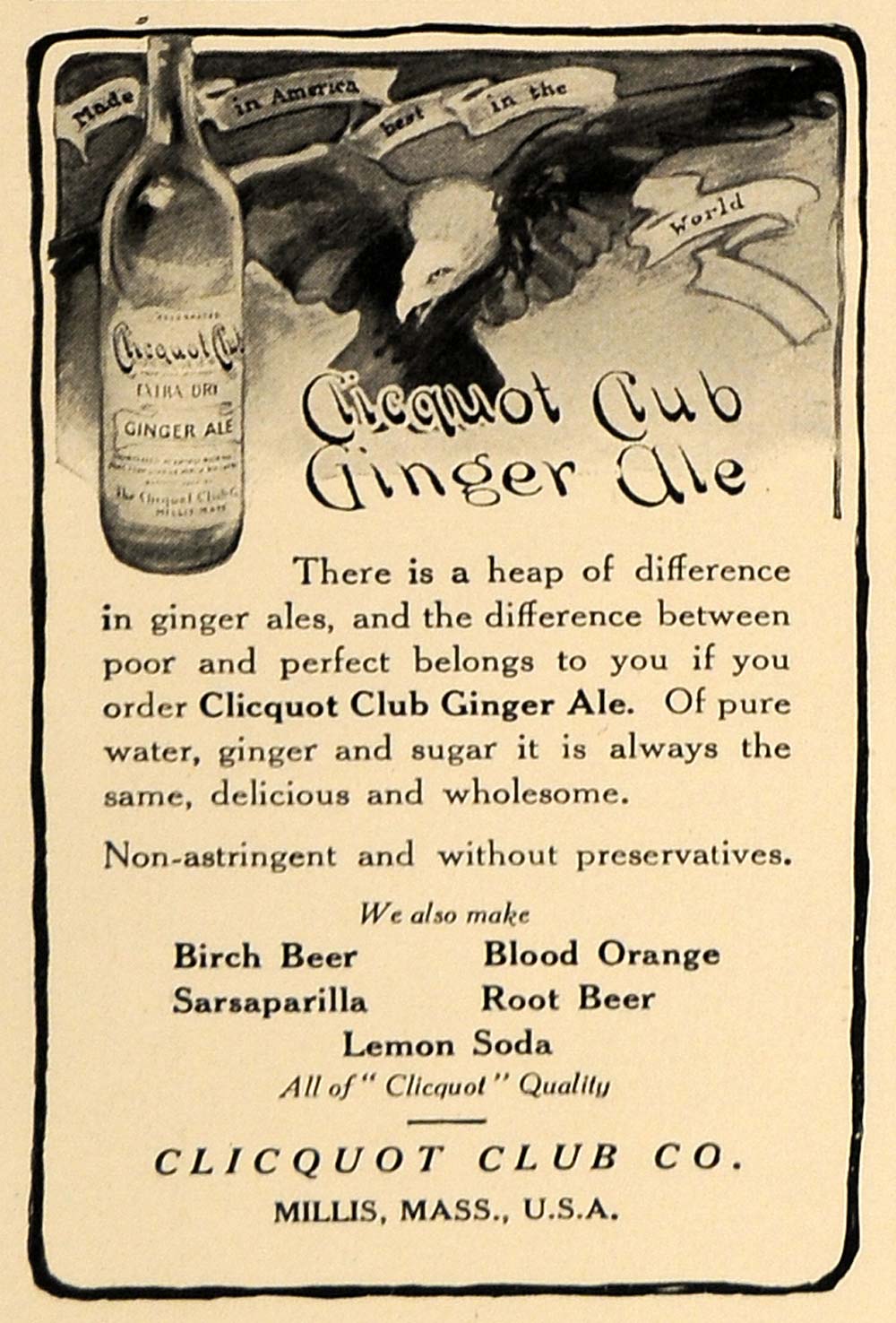 1909 Ad Eagle America Clicquot Club Ginger Ale Beverage - ORIGINAL CL8