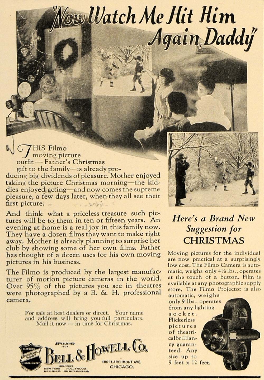 1924 Ad Snow Fight Filmo Projector Camera Bell Howell - ORIGINAL ADVERTISING CL8