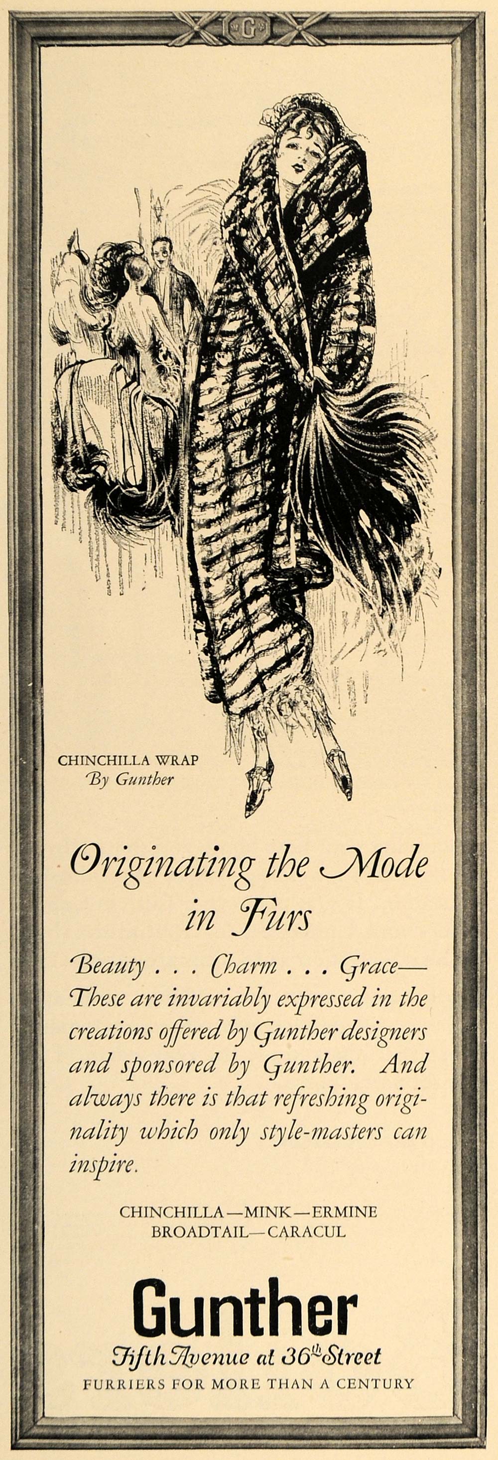 1924 Ad Chinchilla Fur Wrap Gunther Furriers Fifth Ave - ORIGINAL CL8