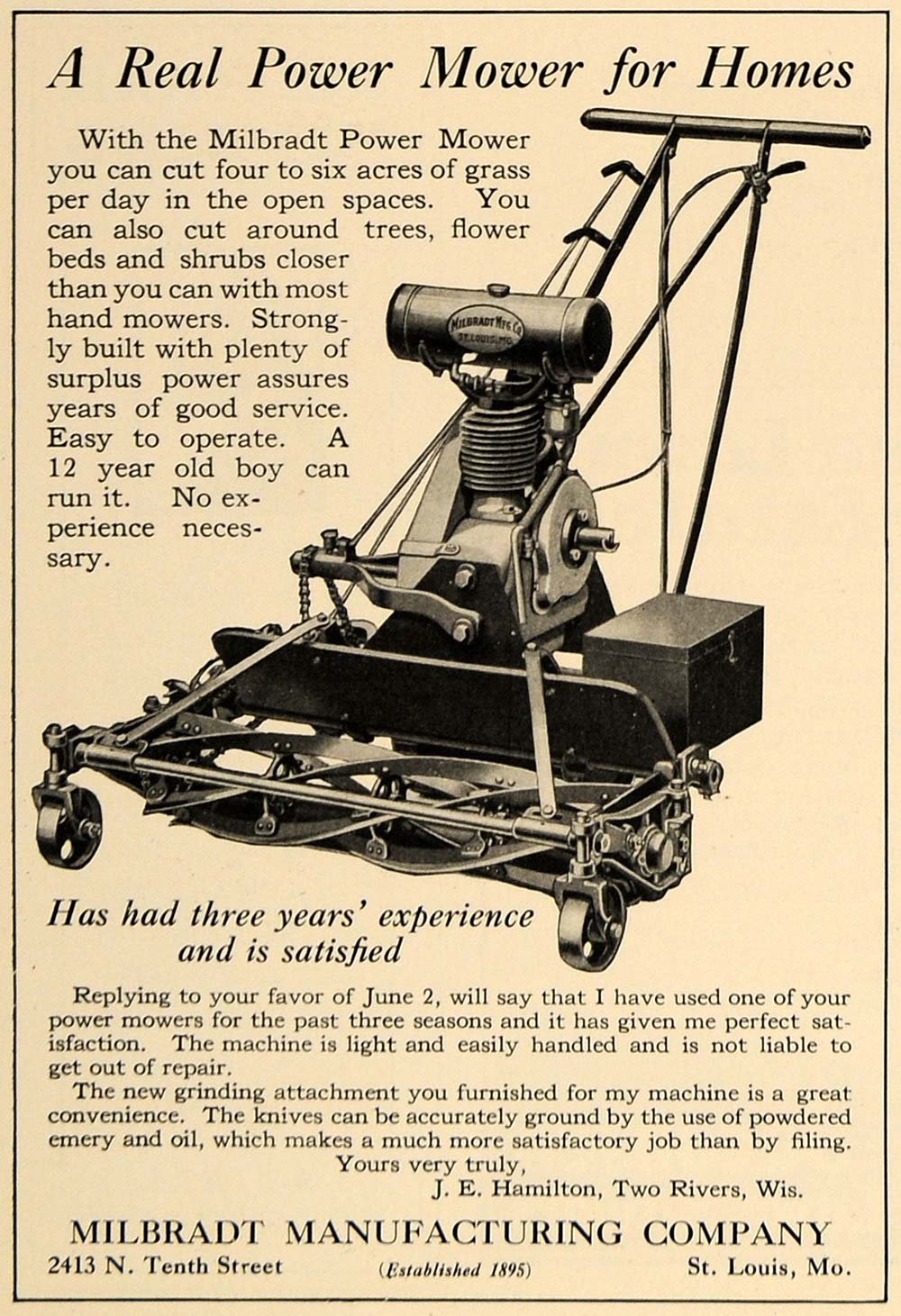 1926 Ad Milbradt Power Lawn Mower Hamilton ORIGINAL ADVERTISING CL8