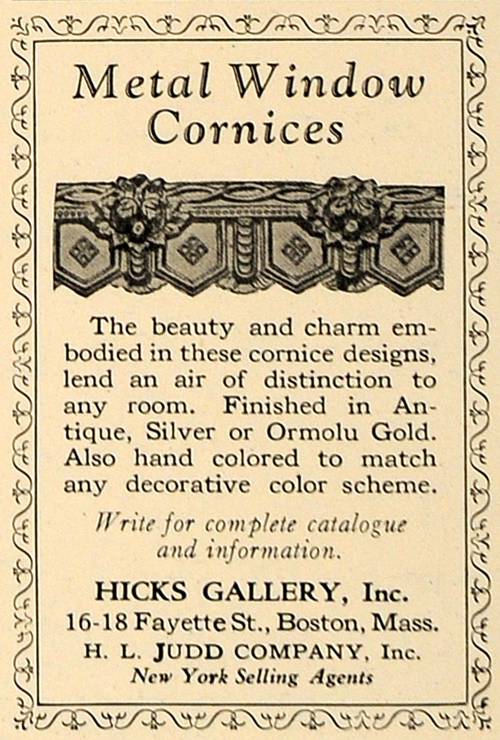 1928 Ad Hicks Gallery Metal Window Decorative Cornices - ORIGINAL CL8