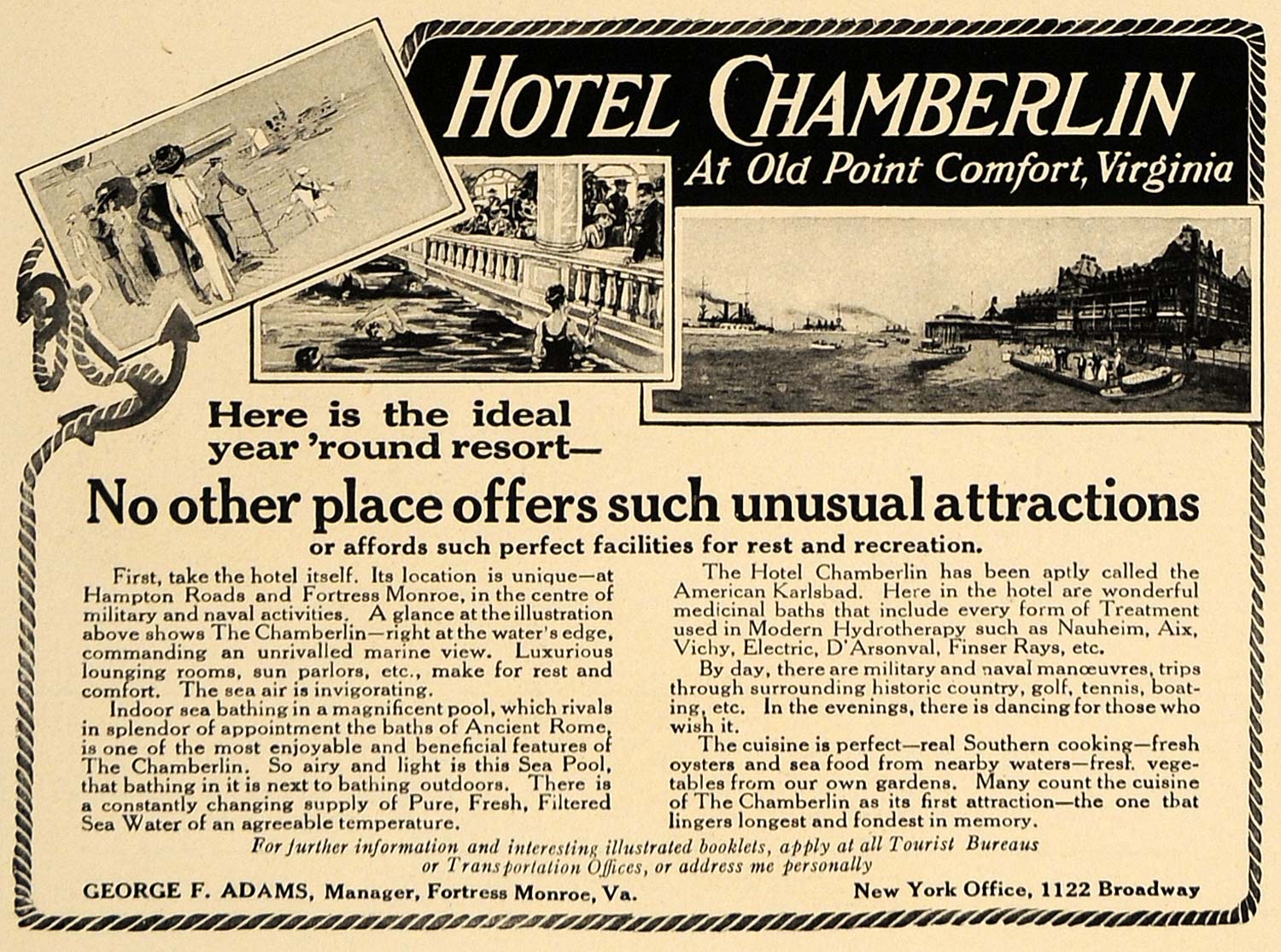1913 Ad Hotel Chamberlin Virginia George F. Adams - ORIGINAL ADVERTISING CL8