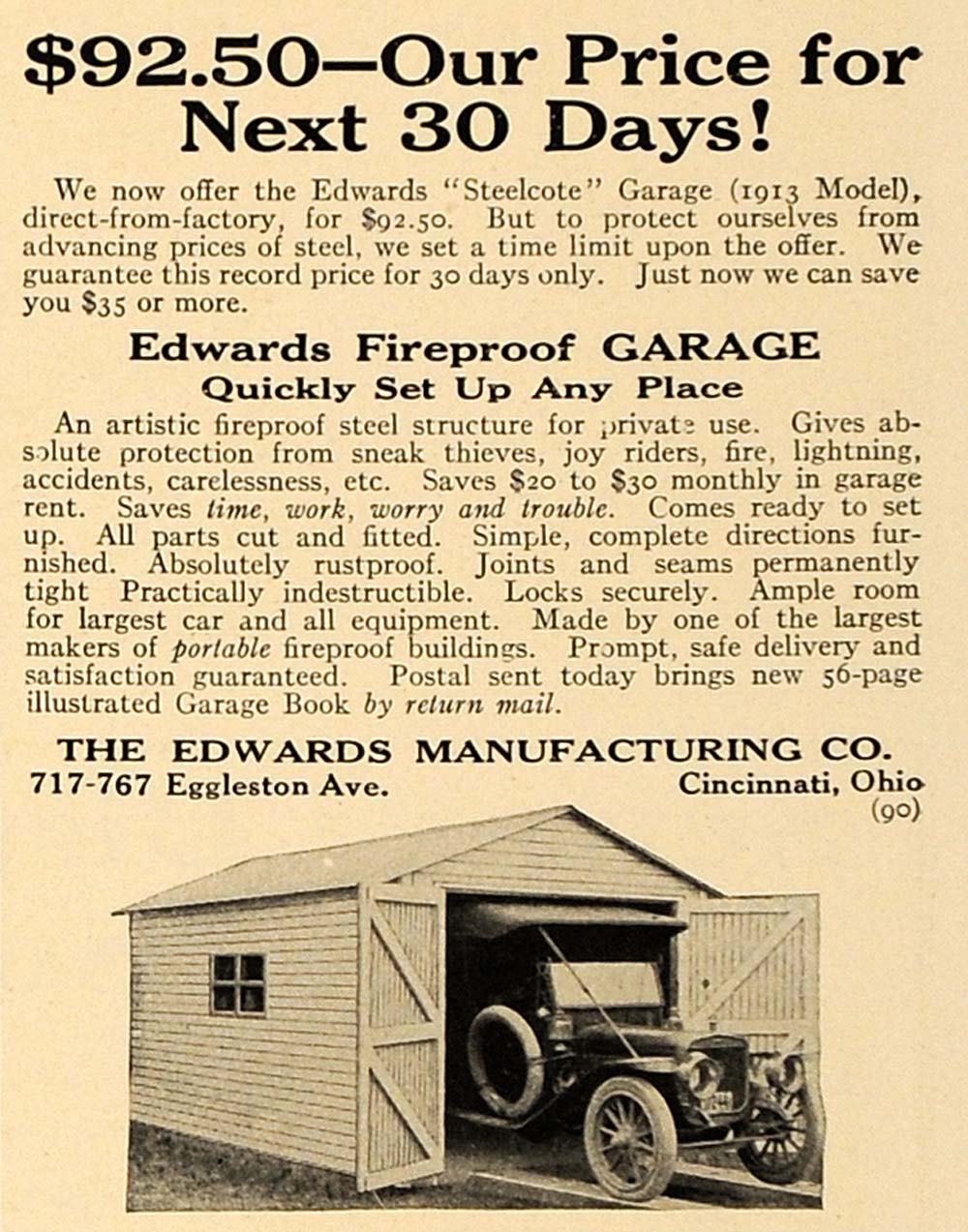 1913 Ad Edwards Mfg Steelcote Fireproof Garage Pricing - ORIGINAL CL8
