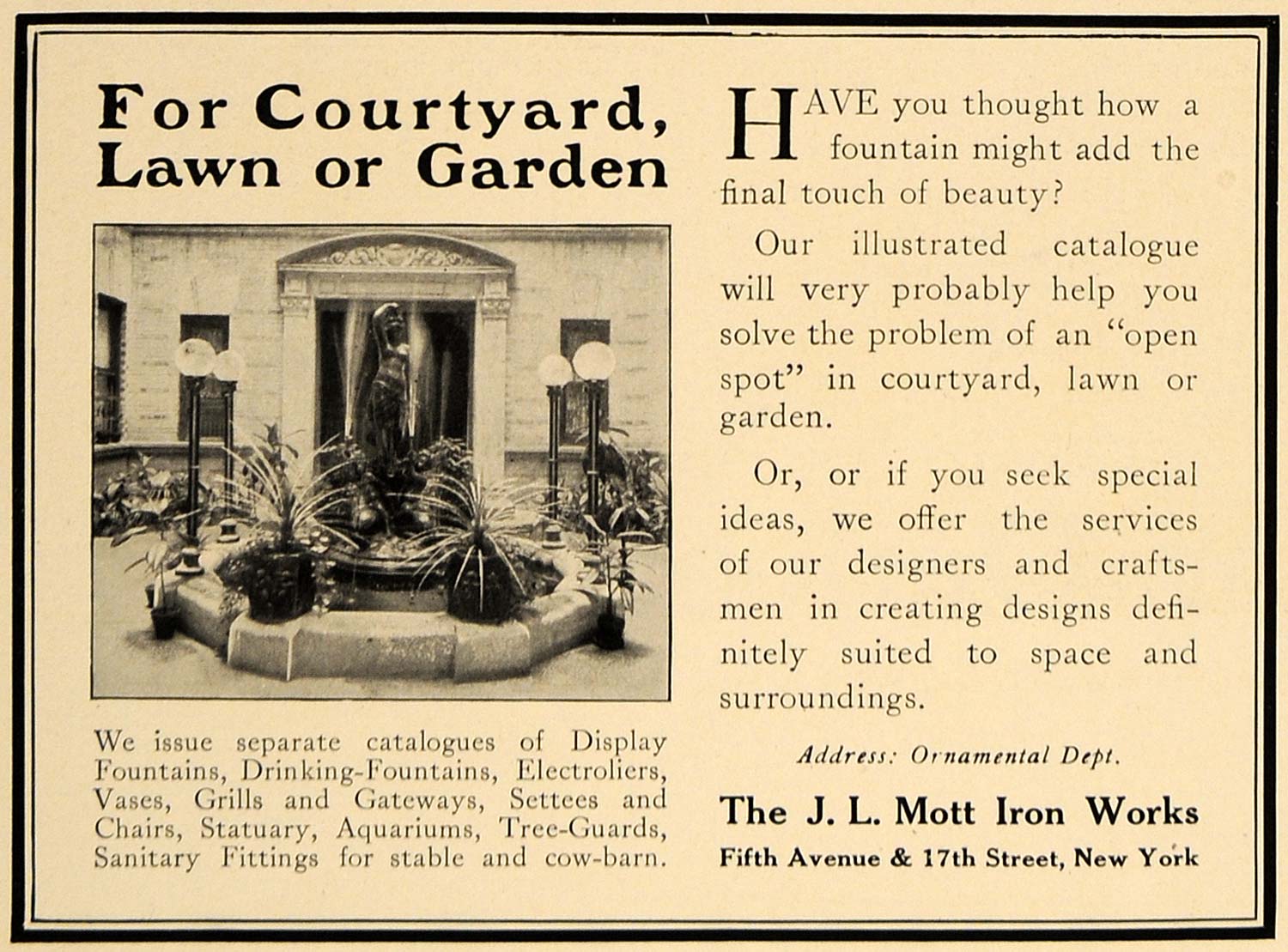 1913 Ad J. L. Mott Iron Works Outdoor Decor Fountains - ORIGINAL ADVERTISING CL8