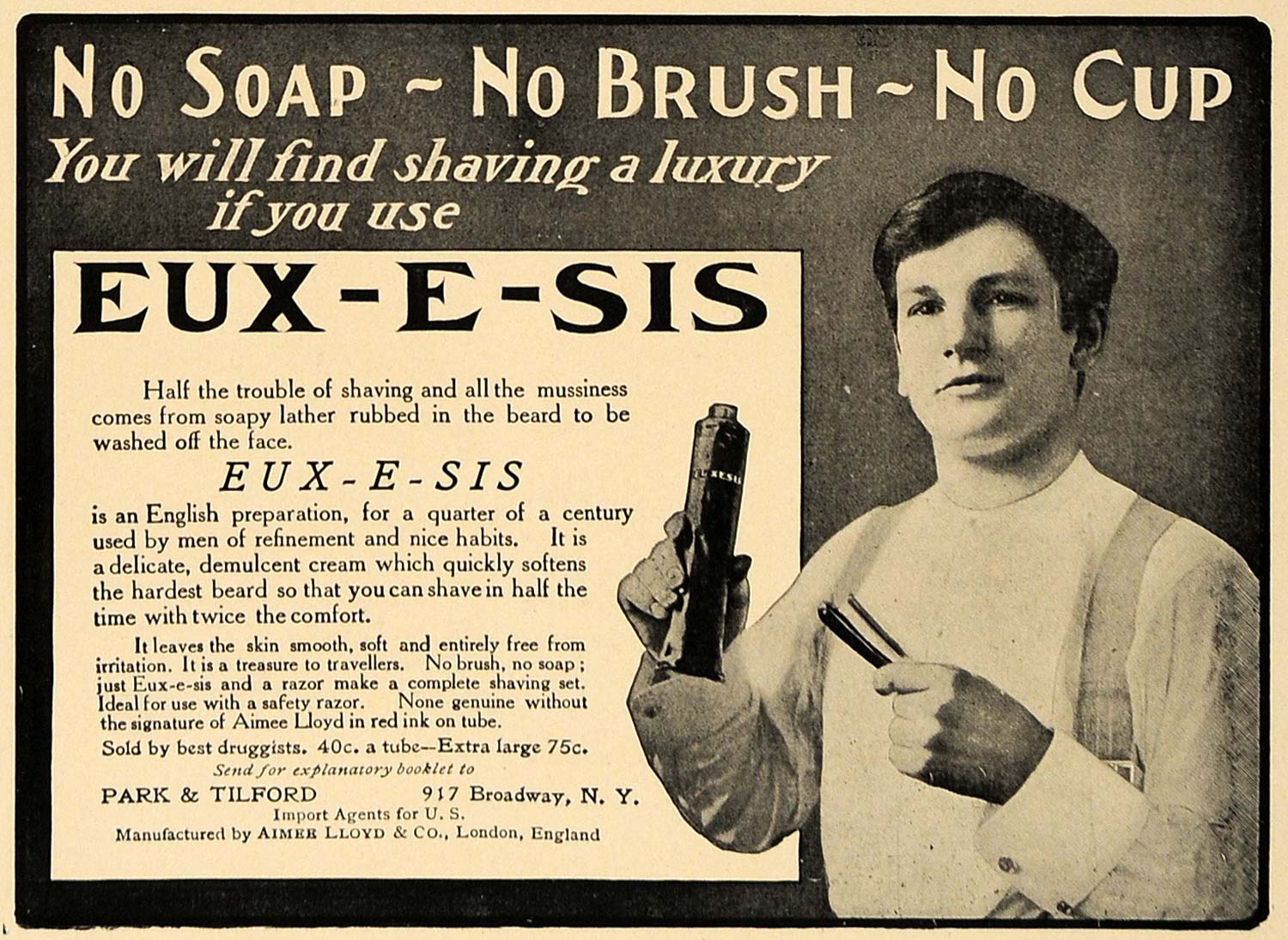 1906 Ad Park Tilford Eux-E-Sis Beard Shaving Cream NY - ORIGINAL ADVERTISING CL8