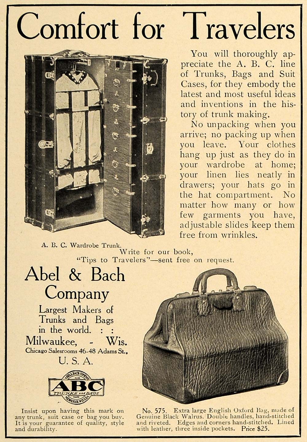 1906 Ad Luggage Abel Bach Traveler Wardrobe Trunks English Oxford Bag CL8