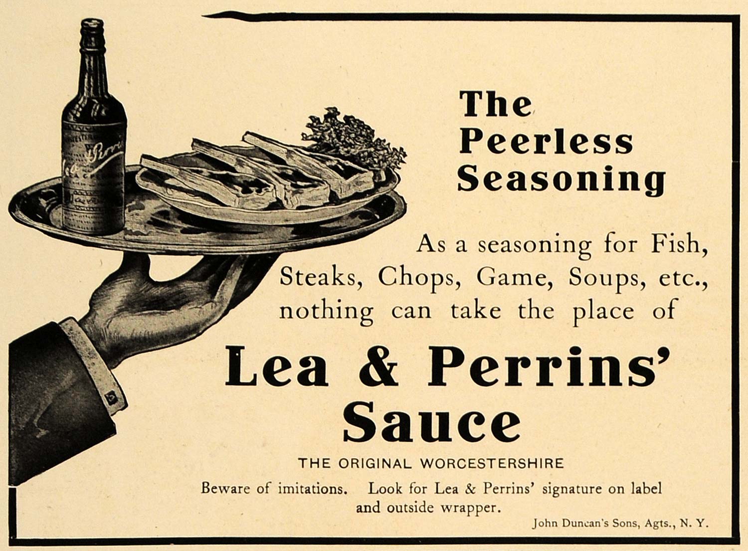1906 Ad John Duncan's Sons Lea & Perrins' Sauce Steak - ORIGINAL ADVERTISING CL8