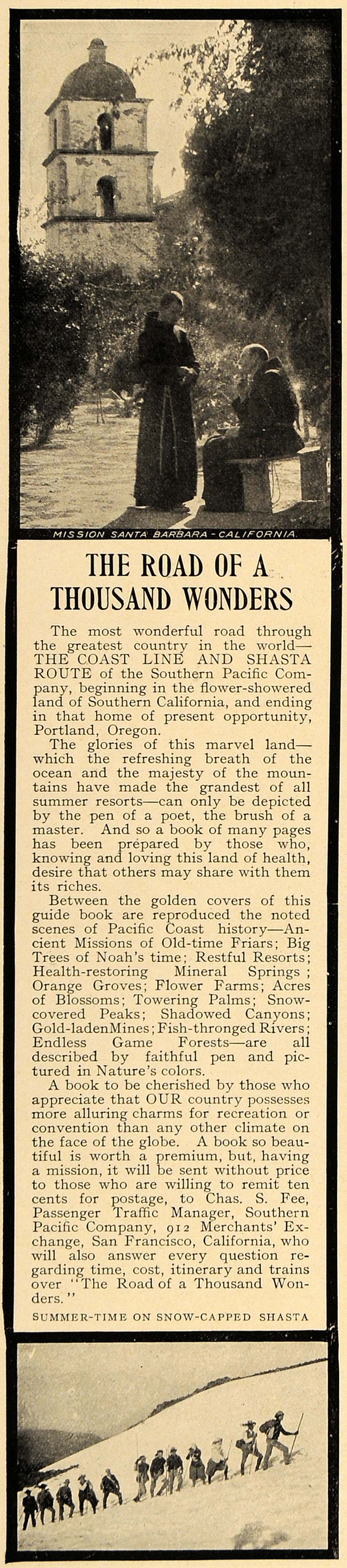 1906 Ad Coast Line Shasta Route Mission Santa Barbara - ORIGINAL ADVERTISING CL8