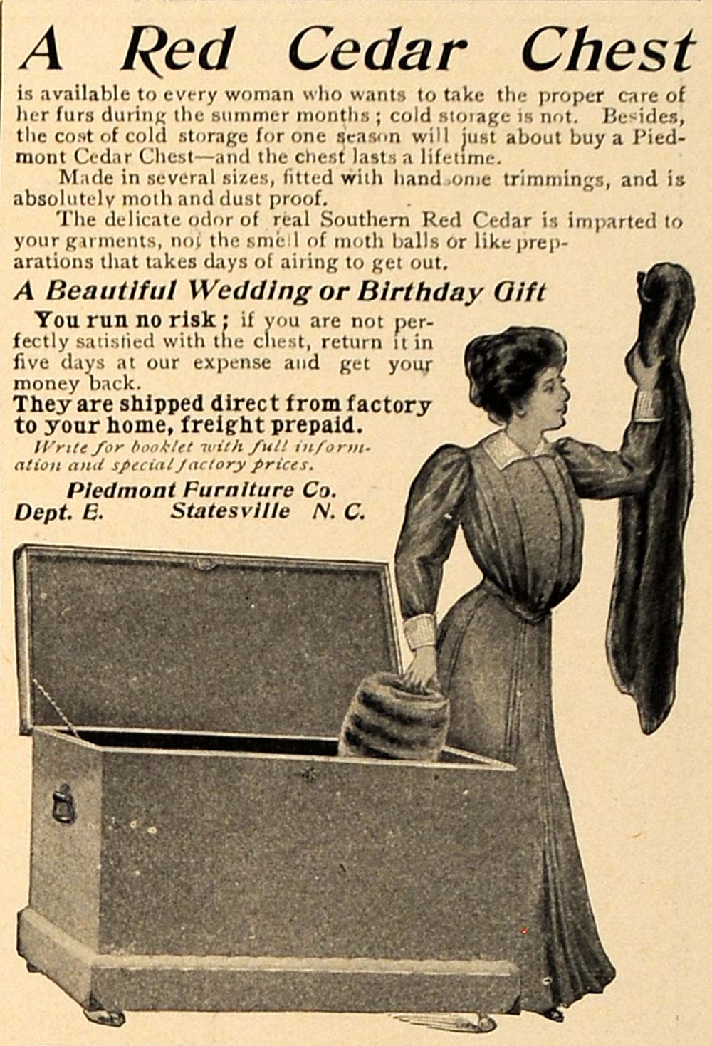 1906 Ad Piedmont Furniture Red Cedar Chest Fur Storage - ORIGINAL CL8