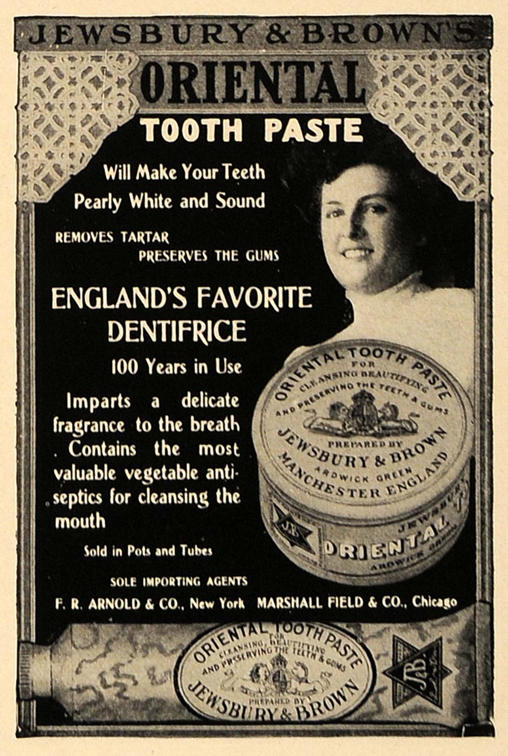 1906 Ad F R Arnold Jewsbury Browns Oriental Toothpaste - ORIGINAL CL8