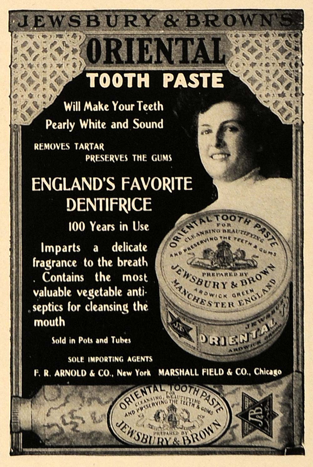1906 Ad F R Arnold Jewsbury Browns Oriental Toothpaste - ORIGINAL