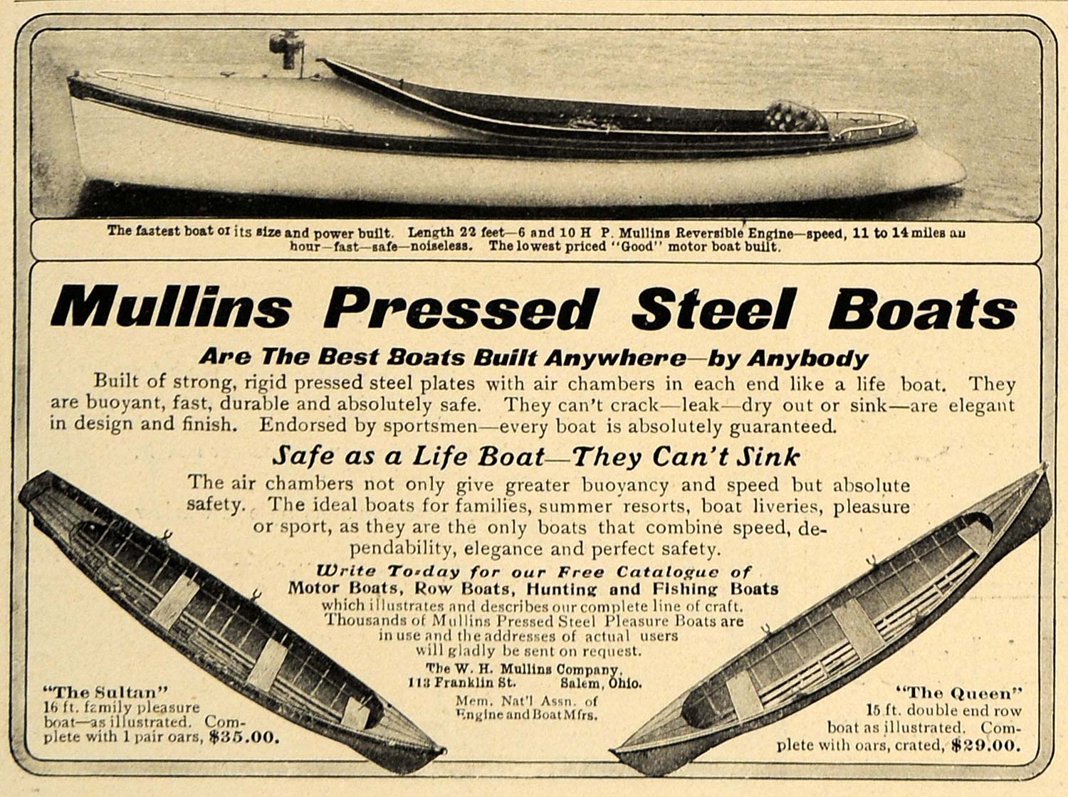 1906 Ad Mullins Pressed Canoe Travel Steel Boats Sultan Queen Models Ohio CL9