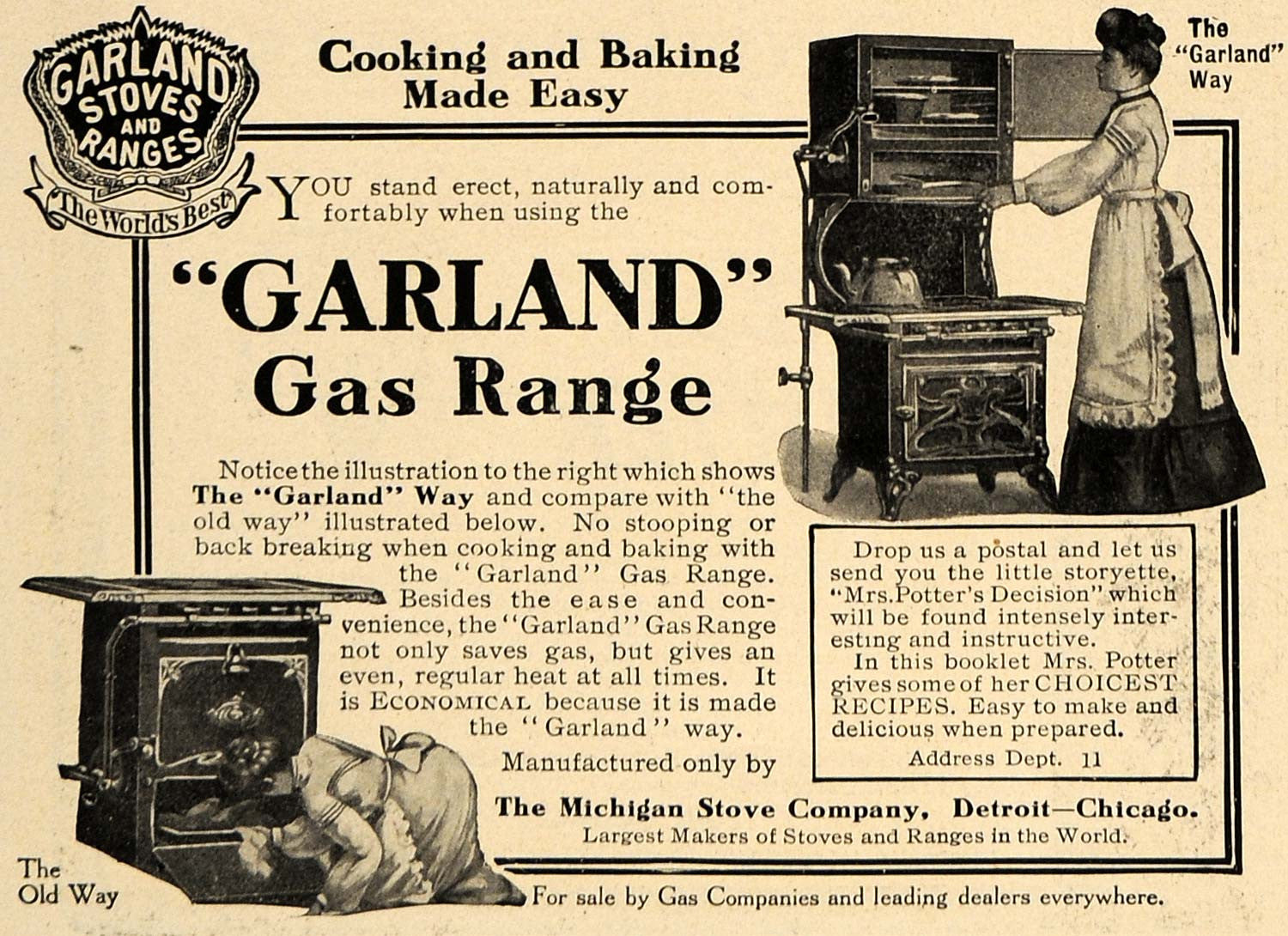 1906 Ad Michigan Stove Company Garland Gas Range Cook - ORIGINAL ADVERTISING CL9
