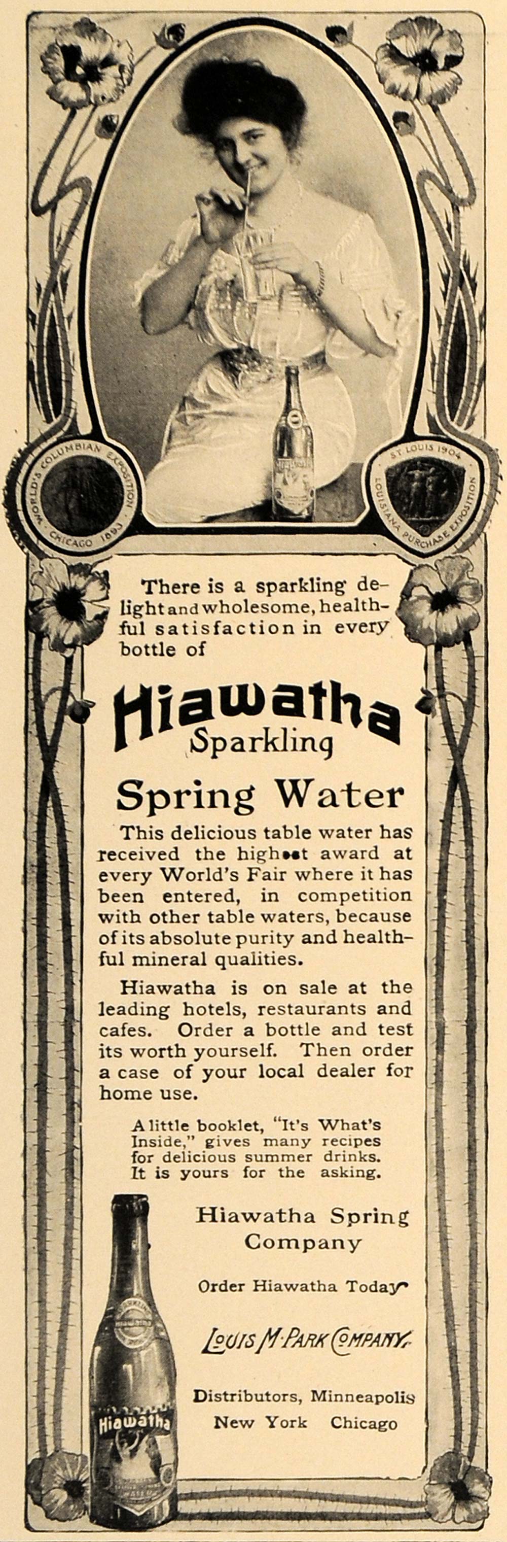 1906 Ad Hiawatha Sparkling Spring Water Louis M Park - ORIGINAL ADVERTISING CL9