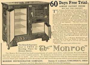 1906 Ad Germ Free Monroe Refrigerator Company Porcelain - ORIGINAL CL9