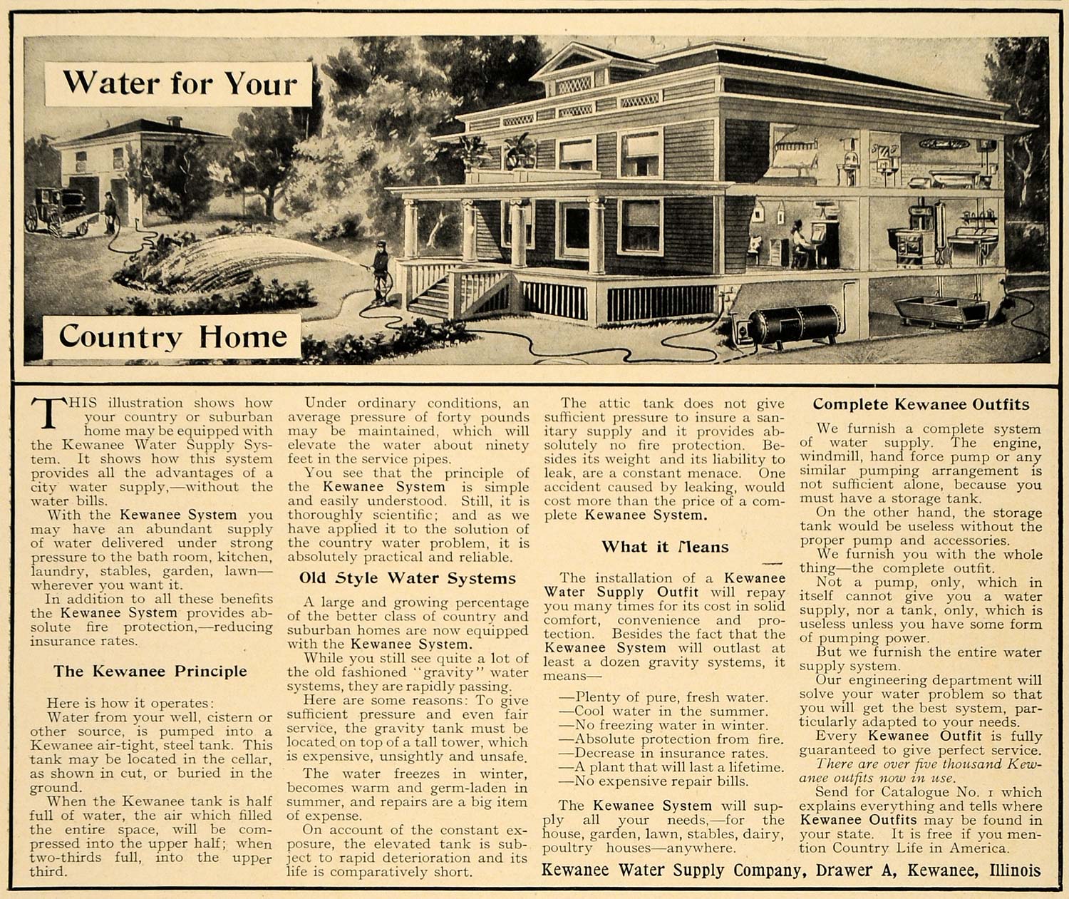 1906 Ad Country Home Illustration Kewanee Water Supply - ORIGINAL CL9