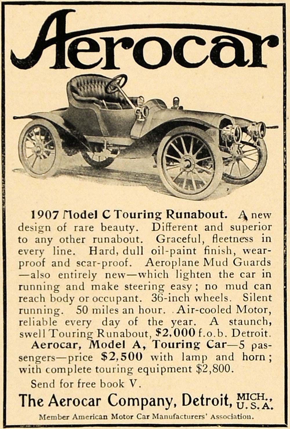 1906 Ad 1907 Model C Touring Runabout Aerocar Vehicle - ORIGINAL ADVERTISING CL9