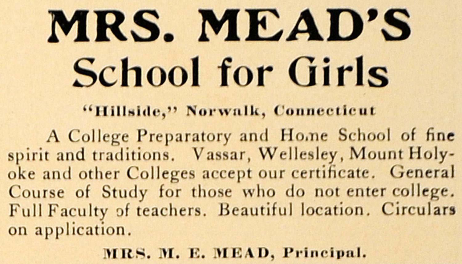 1906 Ad Girls School Mrs Meads Hillside Norwalk College - ORIGINAL CL9