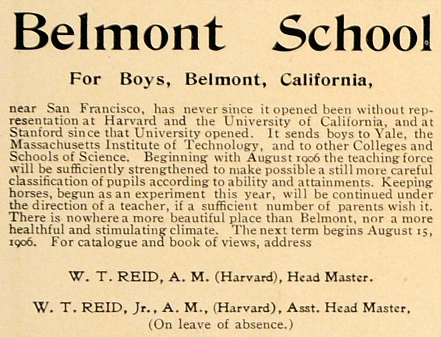 1906 Ad Belmont Boys School Harvard Yale W T Reid Head - ORIGINAL CL9