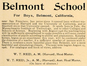 1906 Ad Belmont Boys School Harvard Yale W T Reid Head - ORIGINAL CL9