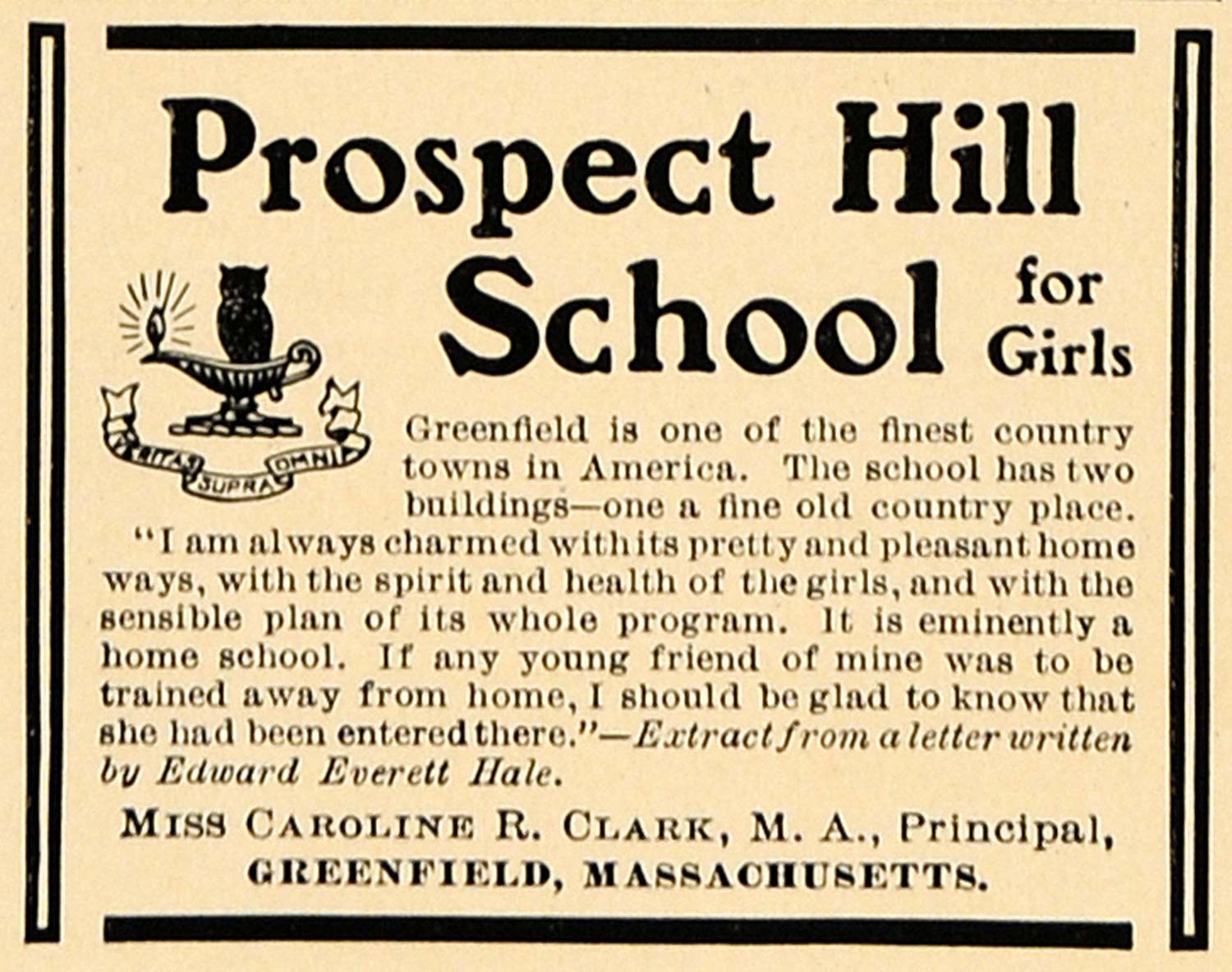 1906 Ad Prospect Hill School Greenfield Caroline Clark - ORIGINAL CL9