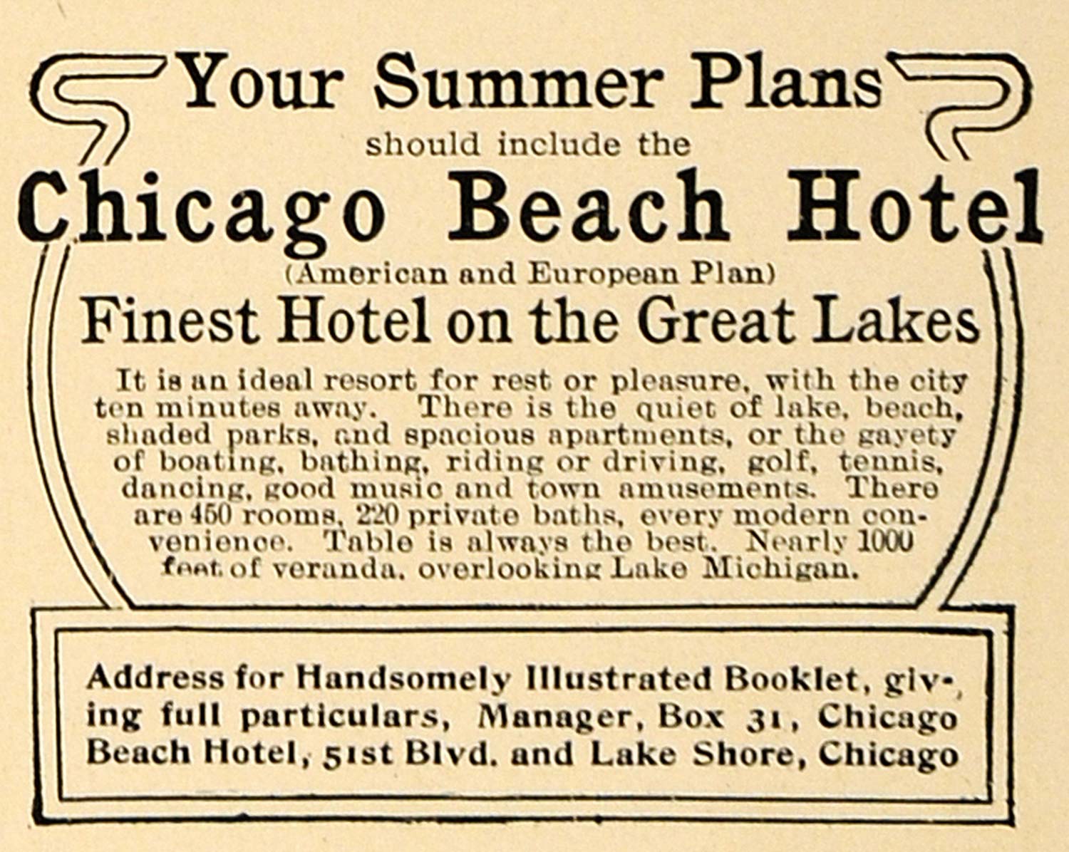 1906 Ad Chicago Beach Hotel Great Lakes Gardiner War - ORIGINAL ADVERTISING CL9