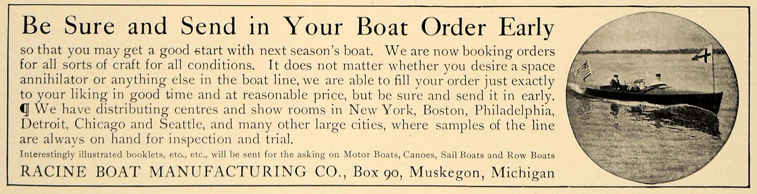 1906 Ad Racine Boat Manufacturing Muskegon Michigan - ORIGINAL ADVERTISING CL9