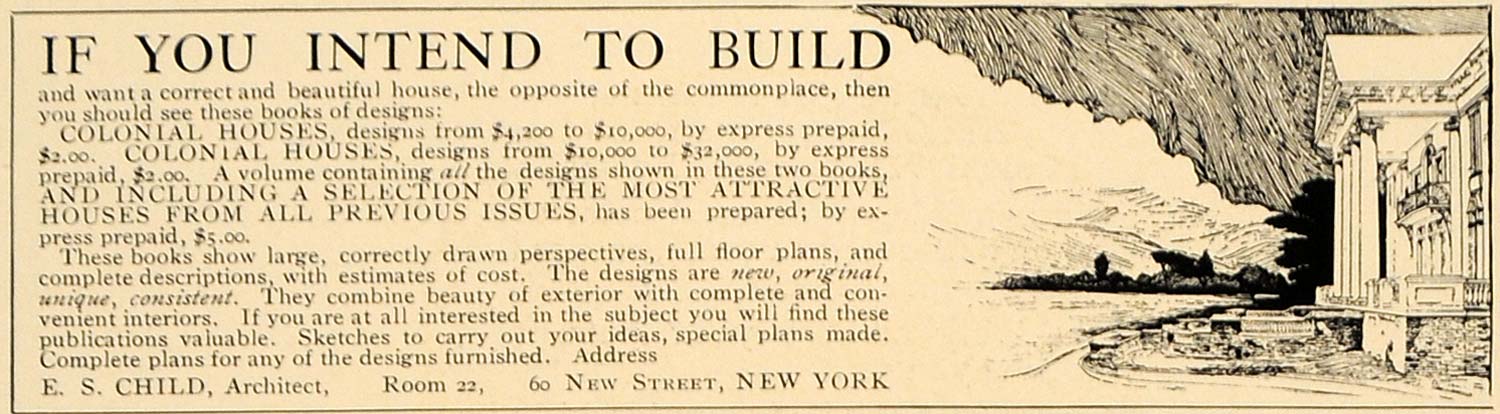 1906 Ad Build Colonial Houses E. S. Child Architect - ORIGINAL ADVERTISING CL9