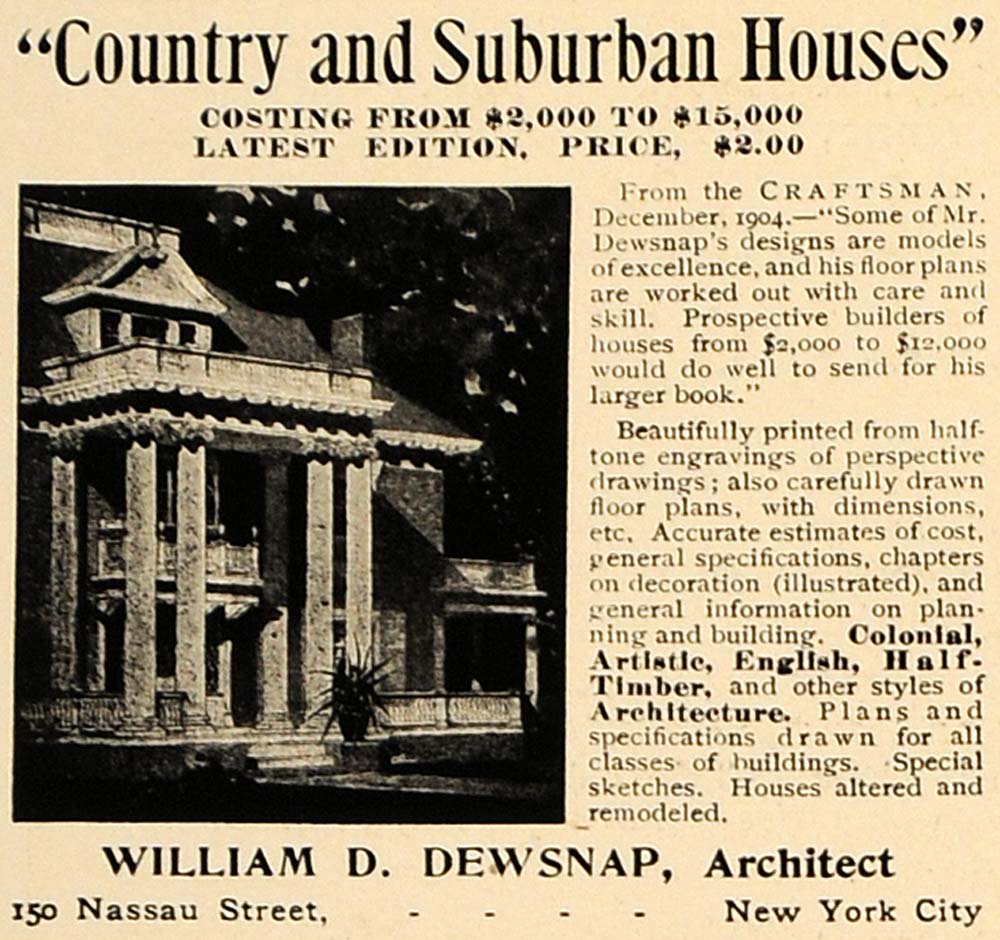 1906 Ad Architect William D Dewsnap Craftsman Designs - ORIGINAL ADVERTISING CL9