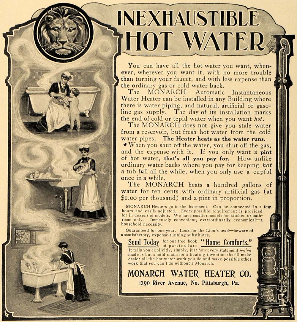 1906 Ad Heats Bath Dishes Monarch Water Heater Company - ORIGINAL CL9
