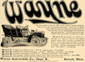 1906 Ad Model C Wayne Automobile Touring Runabout Cars - ORIGINAL CL9