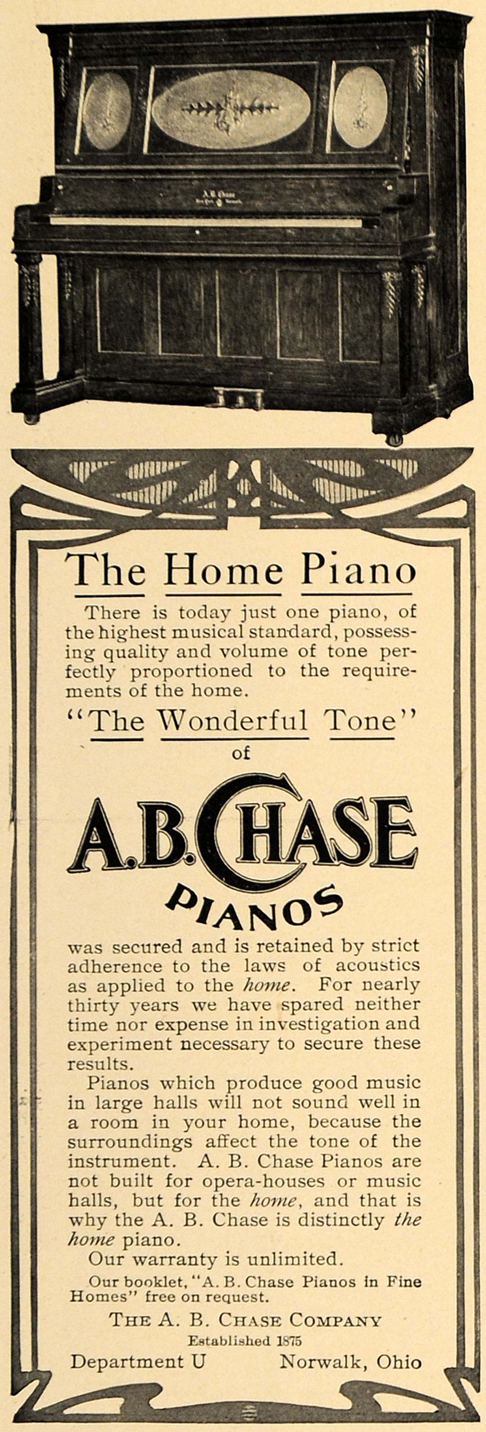 1906 Ad A B Chase Company Home Piano Musical Instument - ORIGINAL CL9