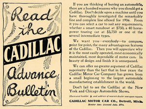 1906 Ad Read Cadillac Advance Bulletin Runabout Touring - ORIGINAL CL9