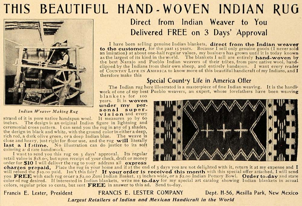 1907 Ad Indian Weaver Making Rug Francis Lester Company - ORIGINAL CL9