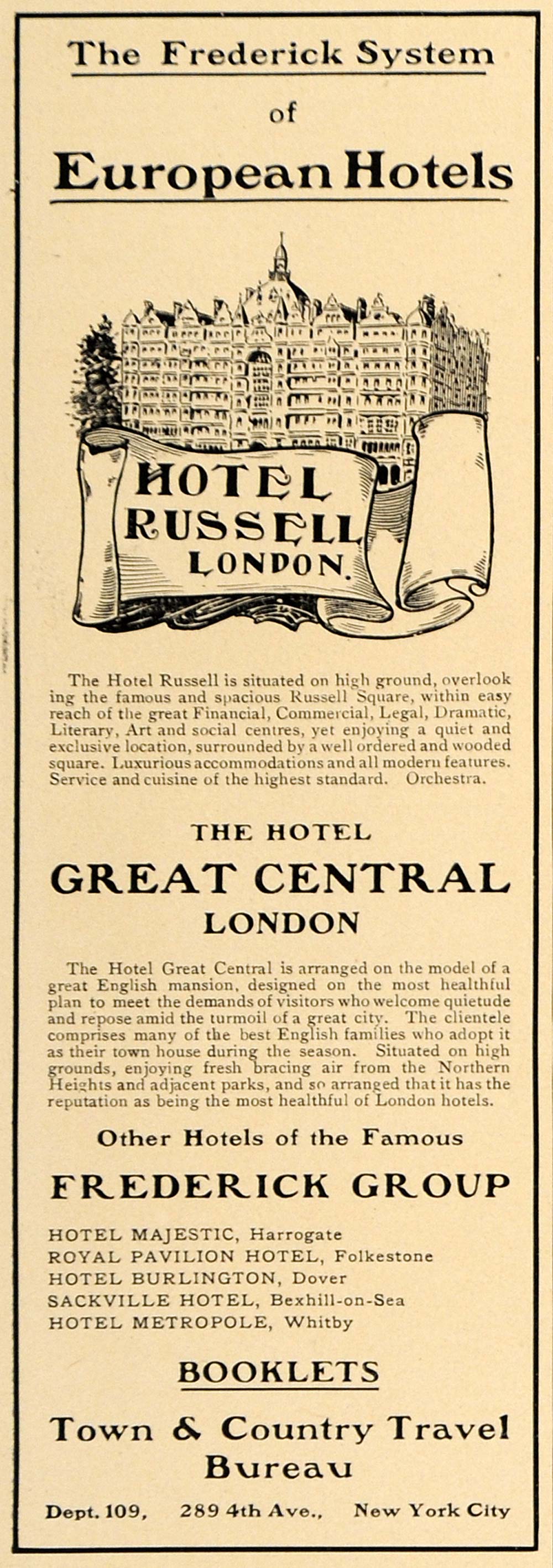 1907 Ad Hotel Russell & Great Central Frederick Group - ORIGINAL ADVERTISING CL9