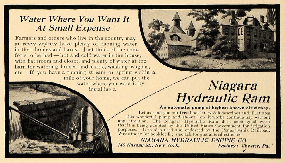 1907 Ad Niagara Hydraulic Engine Ram Water Pump Homes - ORIGINAL ADVERTISING CL9