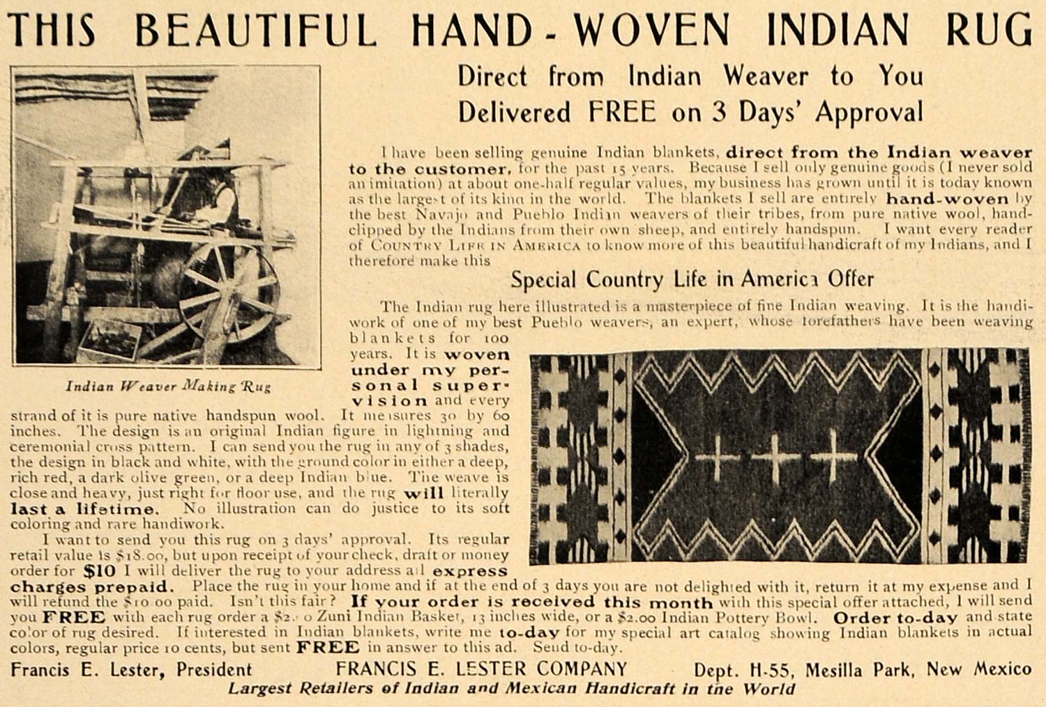 1907 Ad Francis E. Lester Hand Woven Indian Rugs NM - ORIGINAL ADVERTISING CL9