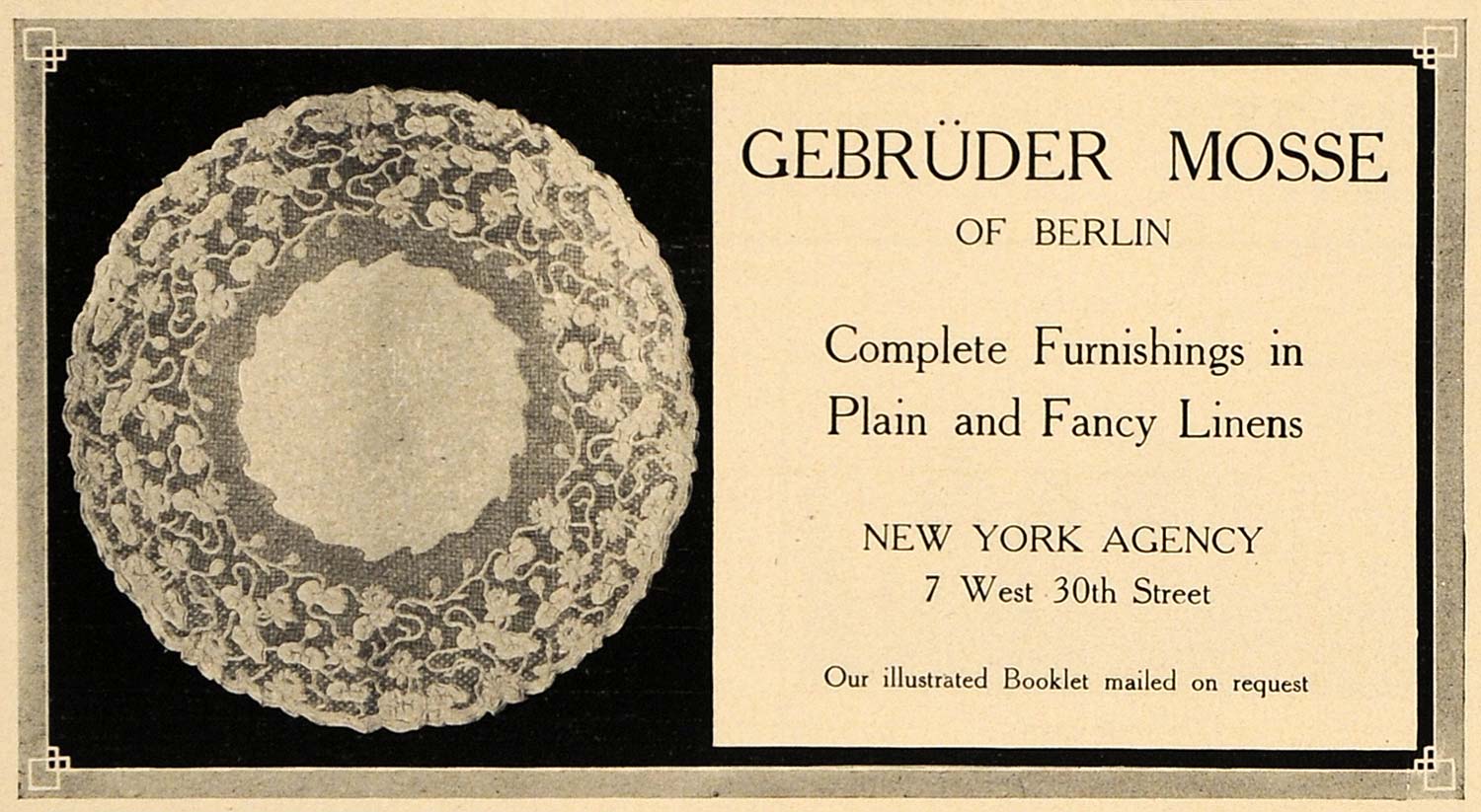 1907 Ad Gebruder Mosse Berlin Doily Fancy Plain Linens - ORIGINAL CL9