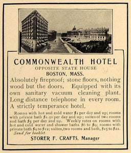 1907 Ad Commonwealth Hotel Boston Mass Storer F. Crafts - ORIGINAL CL9