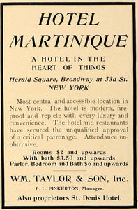 1907 Ad Hotel Martinique NY Wm. Taylor P. L. Pinkerton - ORIGINAL CL9