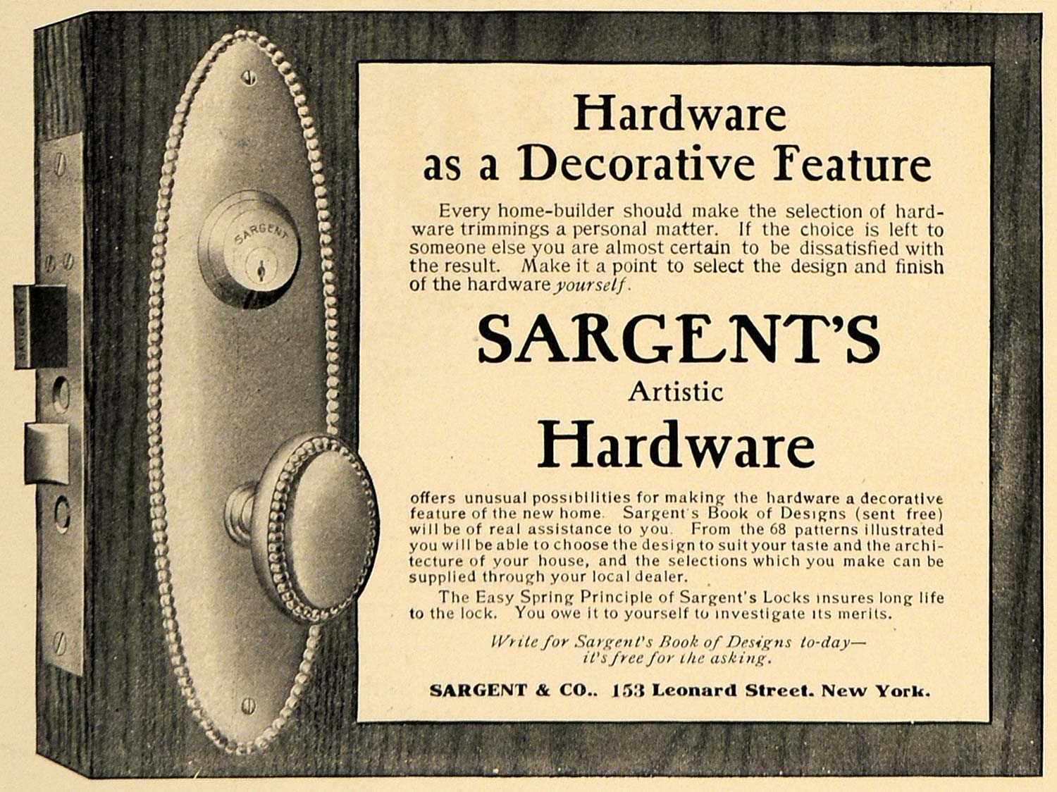 1907 Ad Sargent's Artistic Hardware Door Knobs New York Household CL9