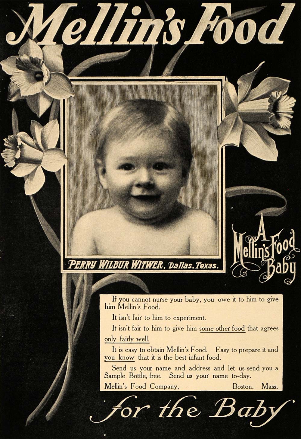 1907 Ad Mellin's Food Perry Wilbur Witwer Dallas TX ORIGINAL ADVERTISING  CL9