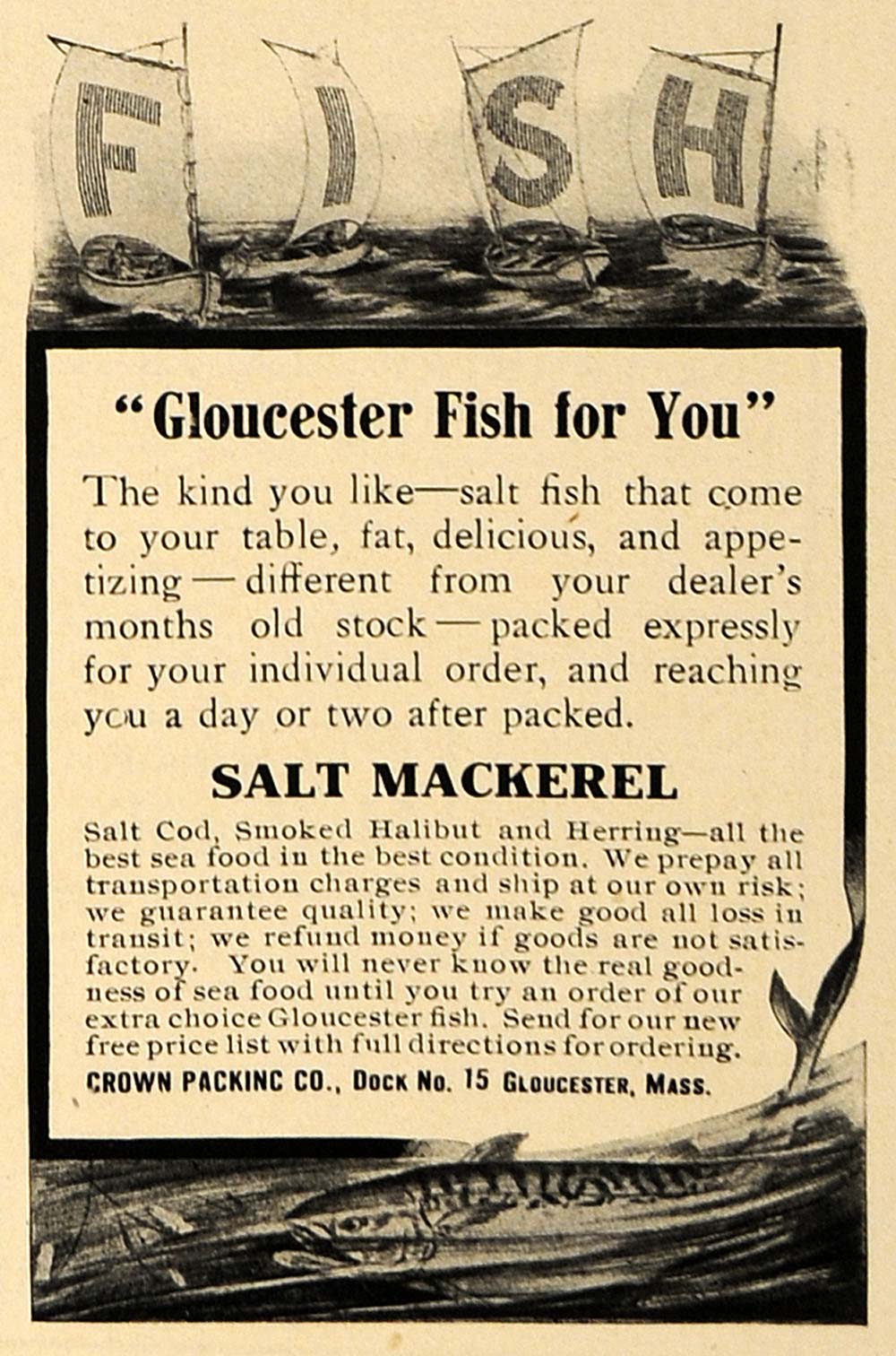 1907 Ad Gloucester Salt Mackerel Cod Halibut Herring - ORIGINAL ADVERTISING CL9