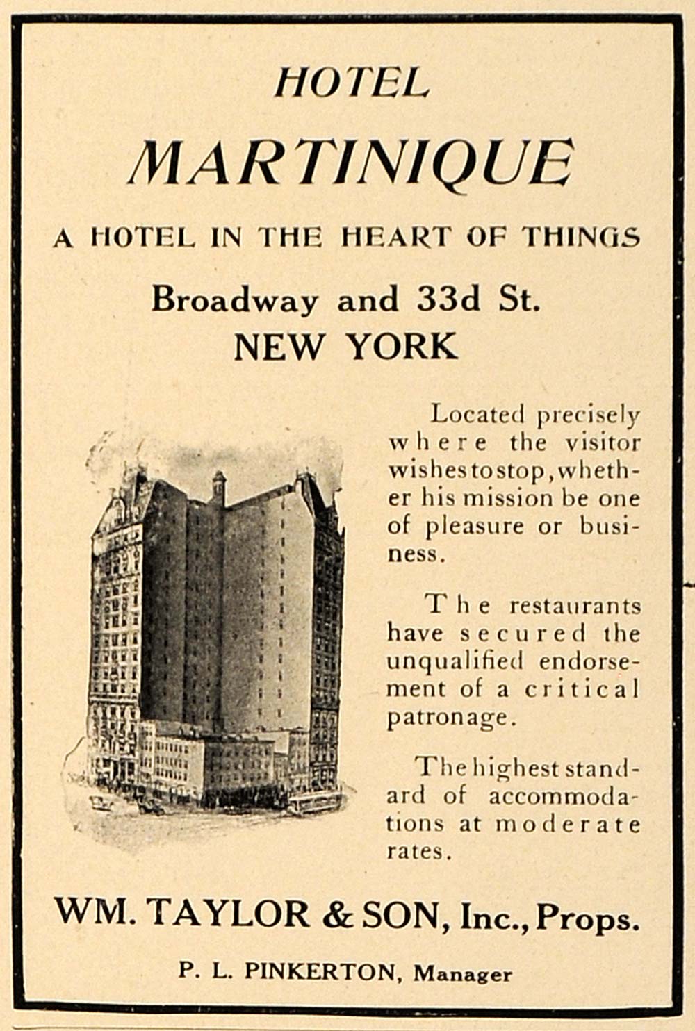 1907 Ad Hotel Martinique NY WM. Taylor P.L. Pinkerton - ORIGINAL ADVERTISING CL9