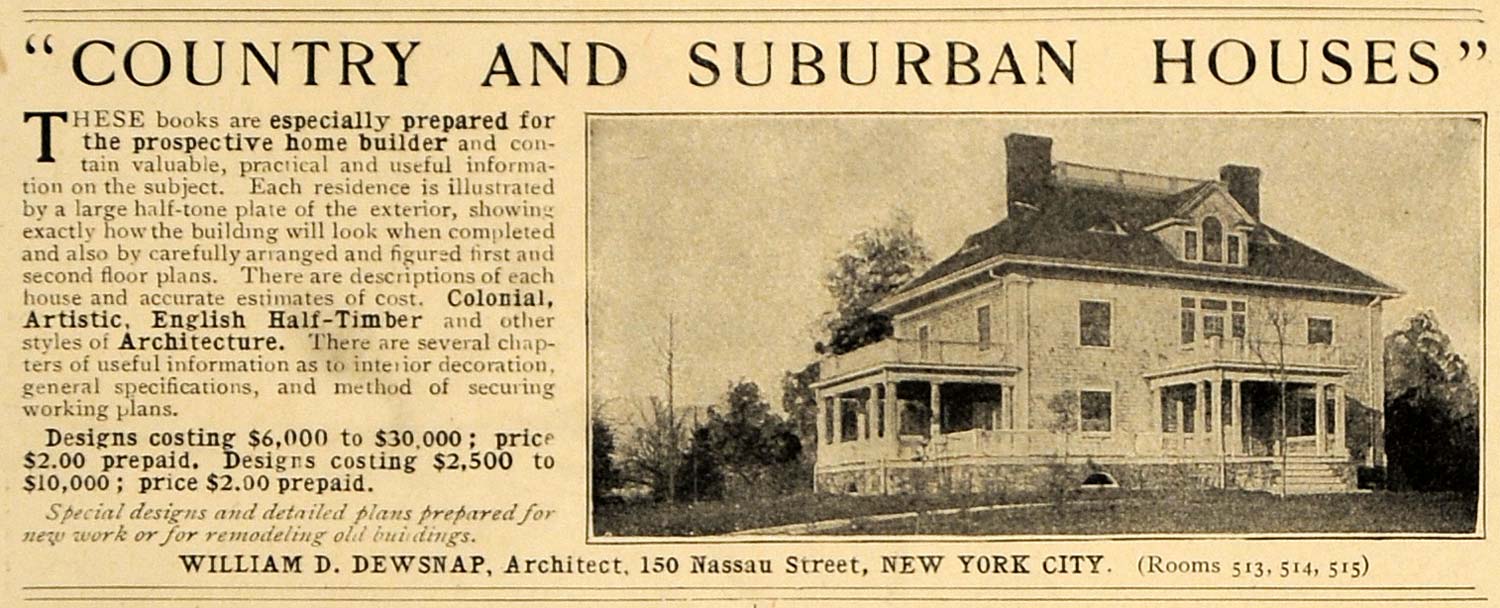 1907 Ad William D. Dewsnap Home Architecture Pricing - ORIGINAL ADVERTISING CL9