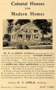 1907 Ad E. S. Child Architecture Colonial Houses NY - ORIGINAL ADVERTISING CL9