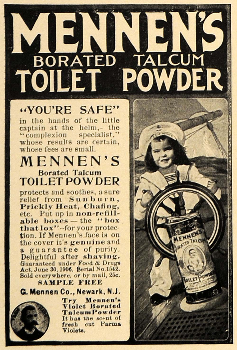 1907 Ad Mennen's Talcum Toilet Powder Girl Steer Ship - ORIGINAL ADVERTISING CL9