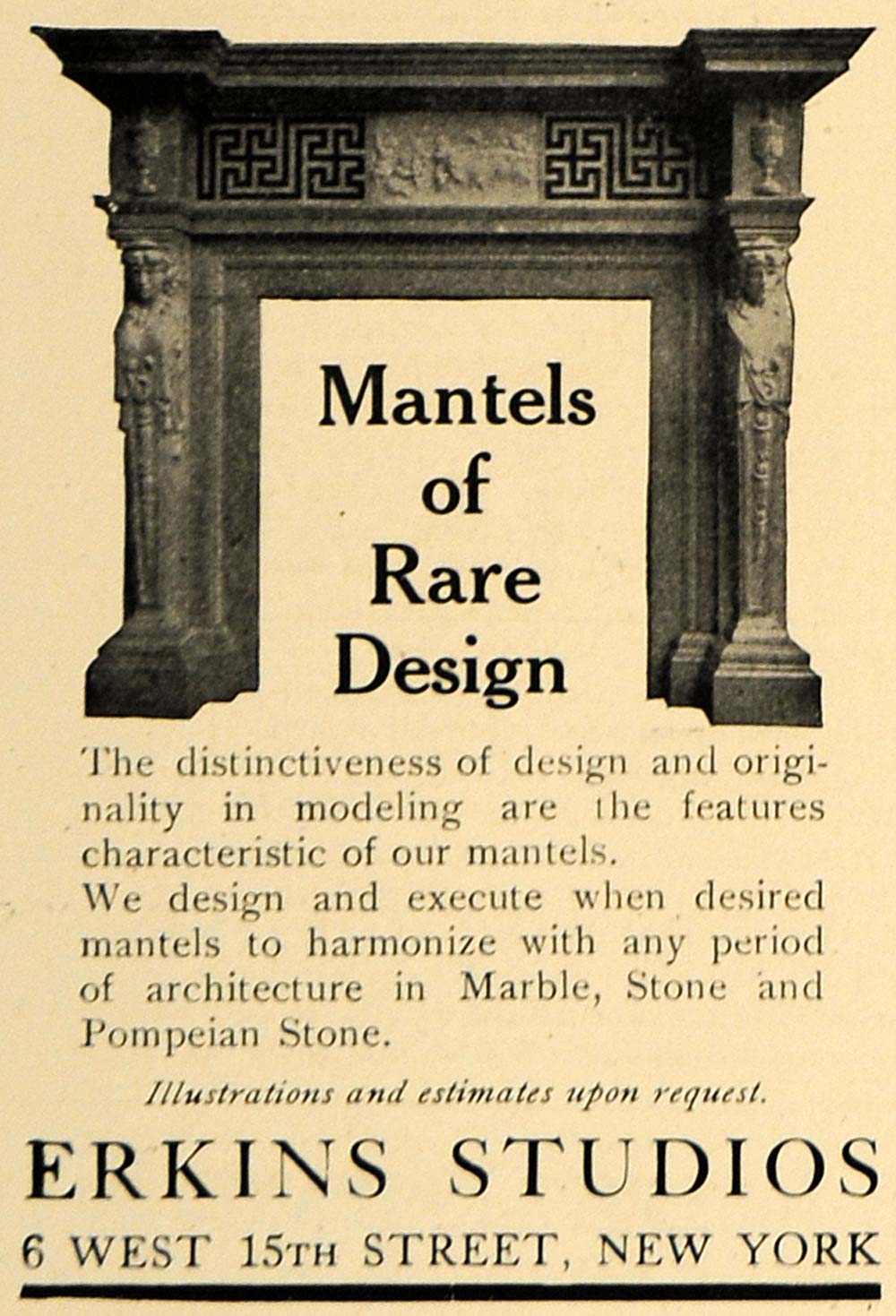 1907 Ad Erkings Studios Mantels Design Pompeian Stone - ORIGINAL ADVERTISING CL9